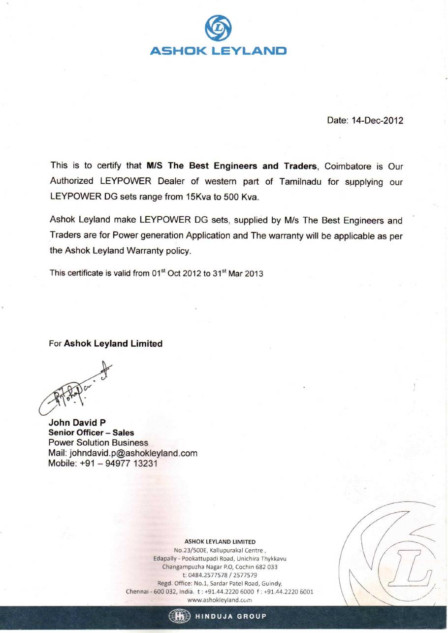 Authorised dealer certificate, 14 December 2012
