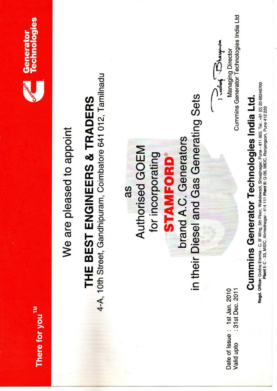 Authorised GOEM appointment, Stamford alternators, 1 January 2010 to 31 December 2011