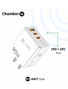 LYNE by U&amp;I Chamber 16  90W GaN Technology, 2 PD + 1 QC Port, LED Indicator with Type-C to Type-C cable