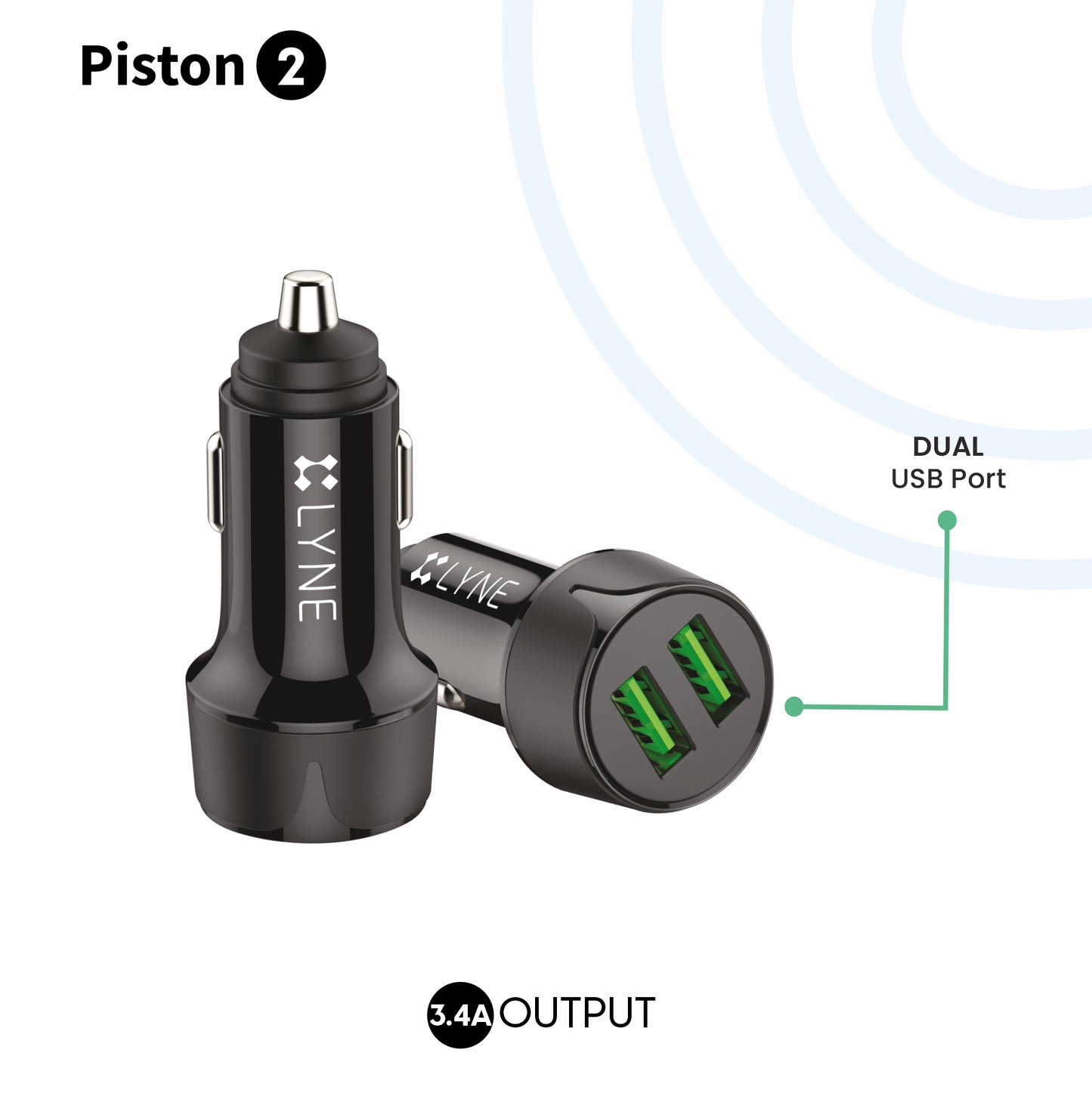 LYNE Piston 2 Dual USB Port, 3.1 Amp Output Car Charger with Micro USB Cable