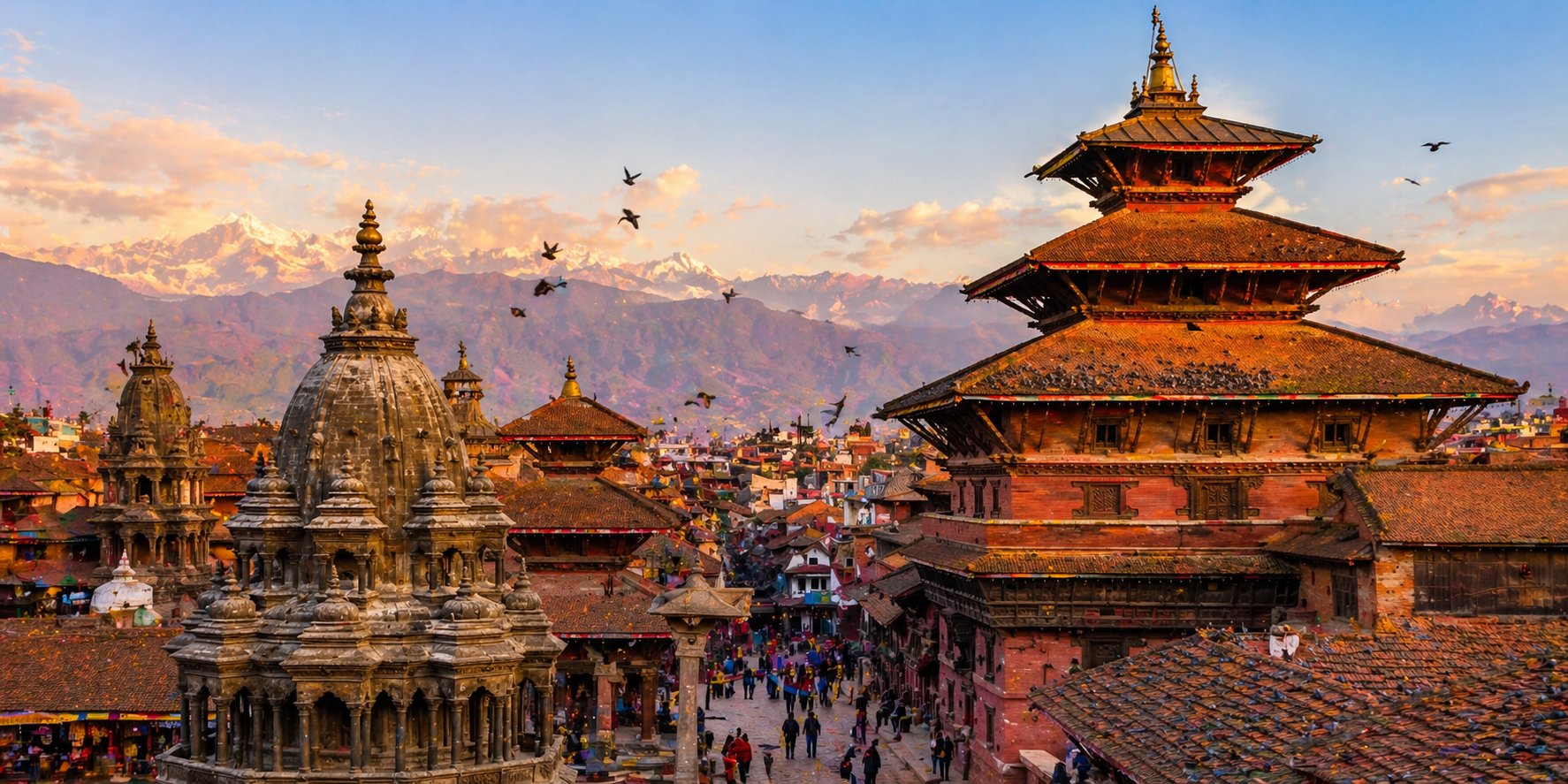 Patan Durbar Square with mountains