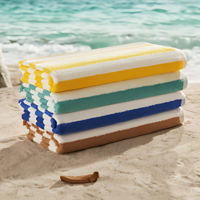 Striped pool towels stacked on the beach