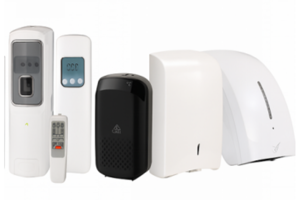 Close-up of Dolphy dispensers and hygiene devices